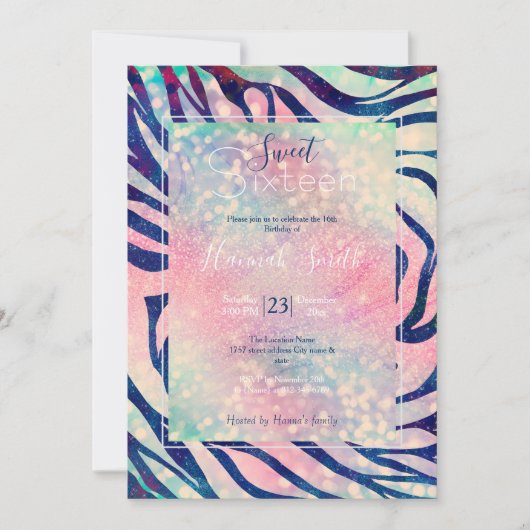 Glamour Holographic Glitzer Blue Zebra Stripes Einladung (Vorderseite)