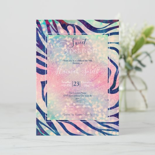 Glamour Holographic Glitzer Blue Zebra Stripes Einladung (Stehend Vorderseite)