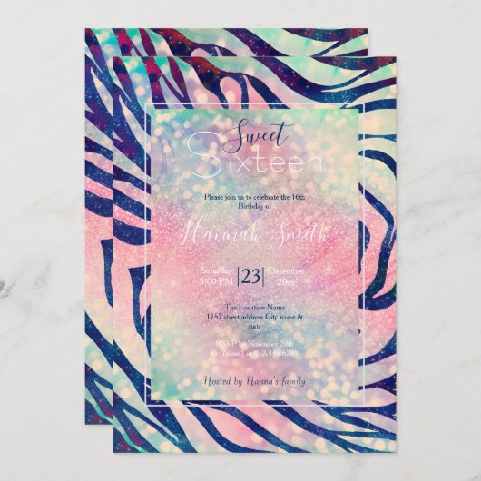 Glamour Holographic Glitzer Blue Zebra Stripes Einladung (Vorne/Hinten)