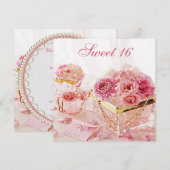 Glamour Juwelen, rosa Blume & Boxen Sweet 16 Einladung (Vorne/Hinten)