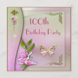 Glamour Key, Magnolia & Butterfly 100. Geburtstag Einladung