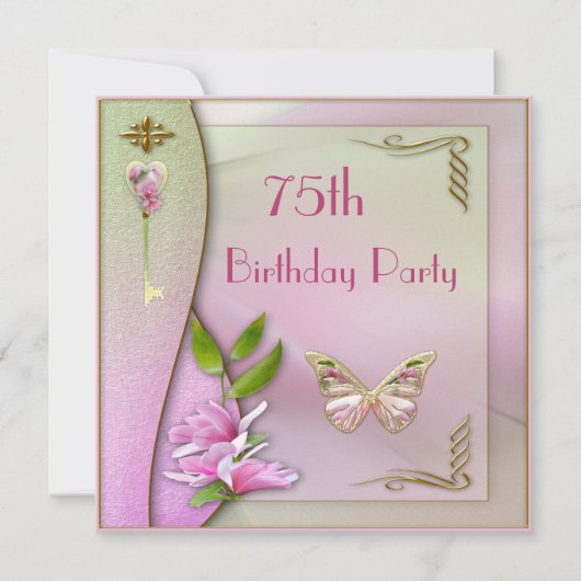 Glamour Key, Magnolia & Butterfly 75. Geburtstag Einladung (Vorderseite)
