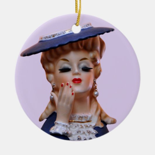 Glamour Lady Head Vase Extravagant Blue Hat  Keramik Ornament (Vorne)