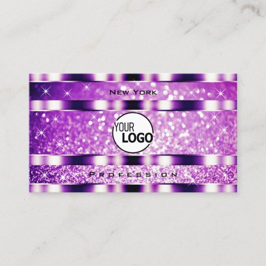 Glamour Lila funkelnde Glitzer-Stars und Logos Visitenkarte (Vorderseite)