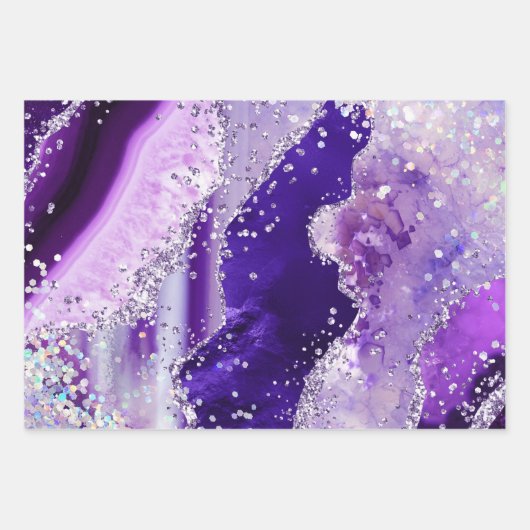 Glamour Lila & Silver Imitate Glitzer Agate Geschenkpapier Set (Vorderseite 3)