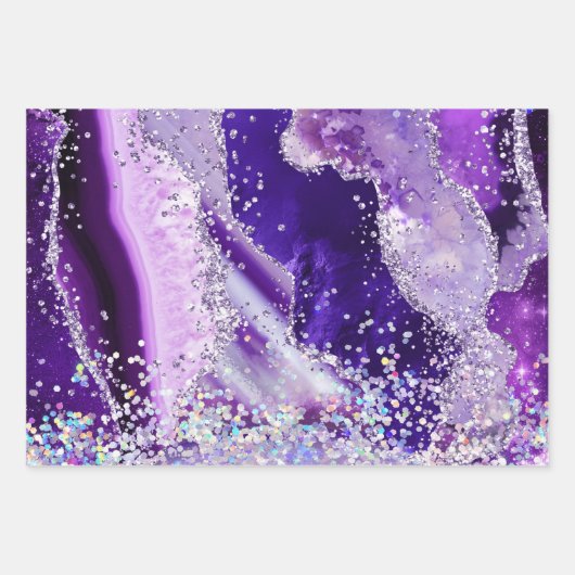 Glamour Lila & Silver Imitate Glitzer Agate Geschenkpapier Set (Vorderseite 2)