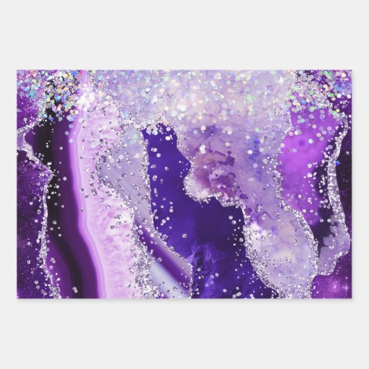 Glamour Lila & Silver Imitate Glitzer Agate Geschenkpapier Set (Vorderseite)