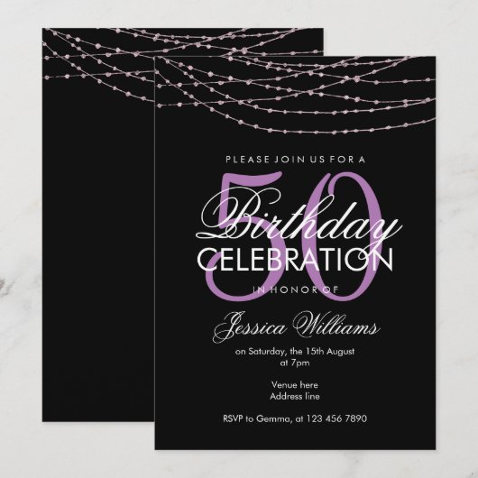 Glamour Lilac Lights 50. Geburtstag Einladung (Vorne/Hinten)