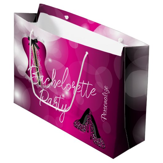 Glamour Lingerie Bachelorette | Hot Pink Bokeh Große Geschenktüte (Vorderseite Schrägansicht)