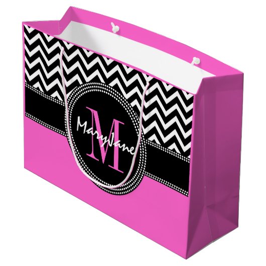 Glamour-Mädchen-heißes Rosa und schwarzes Zickzack Große Geschenktüte (Rückseite Schrägansicht)
