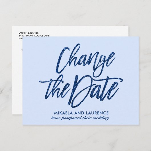 Glamour Navy Blue Glitzer Drehbuch ändern das Datu Ankündigungspostkarte (Vorne/Hinten)