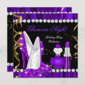 Glamour Night Glitzer Lila Gold Black Party 3 Einladung (Vorne/Hinten)