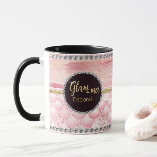 Glamour Oma Glam ma Pink Glitzer Muschel Tasse (Mit Donut)