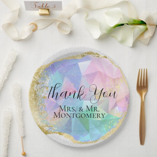 Glamour Opal Gemstone mit Gold auf weißem Glitzer Pappteller (Hochzeit)