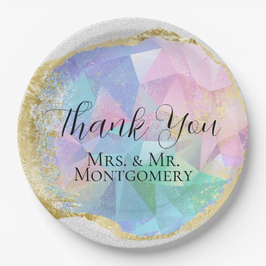 Glamour Opal Gemstone mit Gold auf weißem Glitzer Pappteller (Vorderseite)