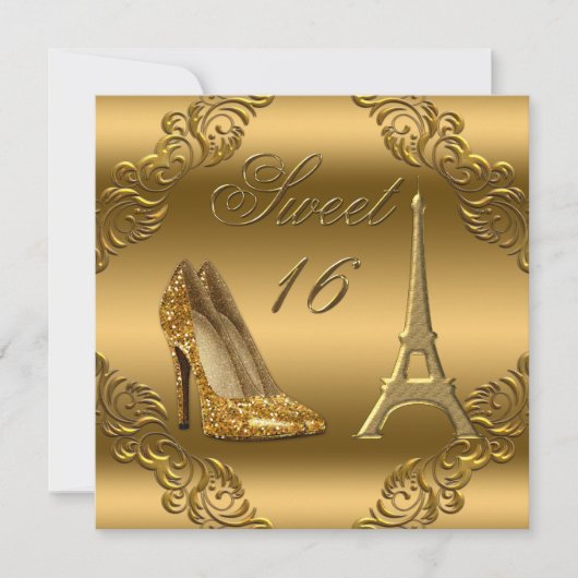 Glamour Paris Gold Glitzer High Heels Sweet 16 Einladung (Vorderseite)