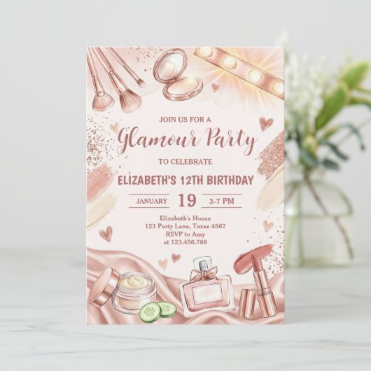 Glamour Party Glitz Glam Spa Girl Makeup Birthday Einladung (Stehend Vorderseite)