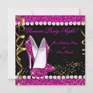 Glamour Party Nacht Rosa Glitter Gold Schwarz Schu Einladung