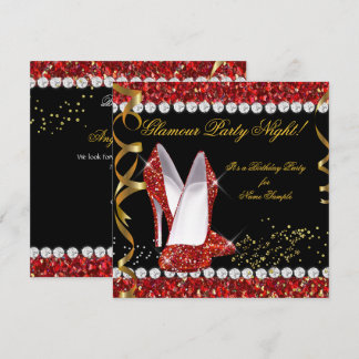 Glamour Party Night Red Glitzer Gold Black Shoes Einladung