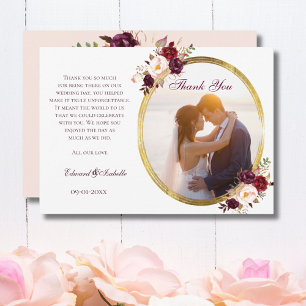 Glamour Pink & Burgund Rose Floral Couple Foto Dankeskarte