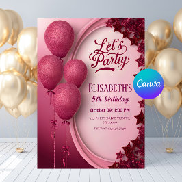Glamour Pink Glitzer Balloons & Stars Geburtstag Einladung
