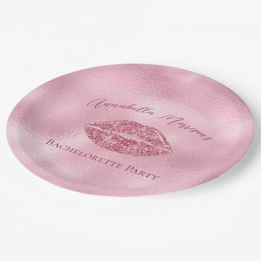 Glamour Pink Glitzer Lips Bachelorette Pappteller (Schrägansicht)
