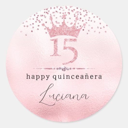 Glamour Pink Glitzer Tiara Quinceañera Geburtstag Runder Aufkleber (Vorderseite)