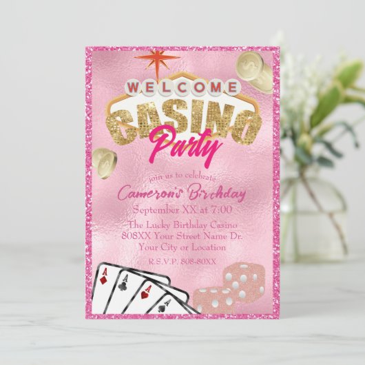 Glamour Pink Las Vegas Sign Casino Party Einladung (Stehend Vorderseite)