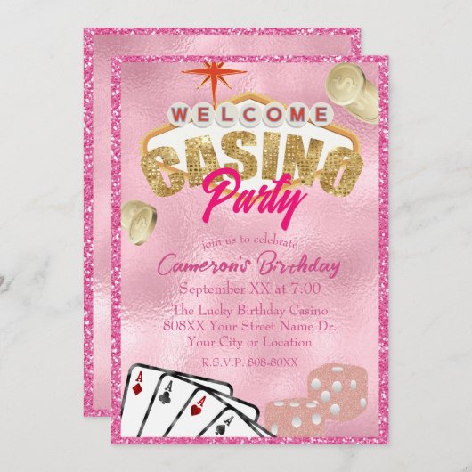 Glamour Pink Las Vegas Sign Casino Party Einladung (Vorne/Hinten)
