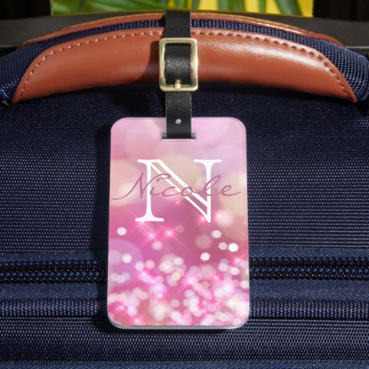 Glamour Pink Sparkle Monogram Luggage Tag Gepäckanhänger (Vorderseite Insitu 2)
