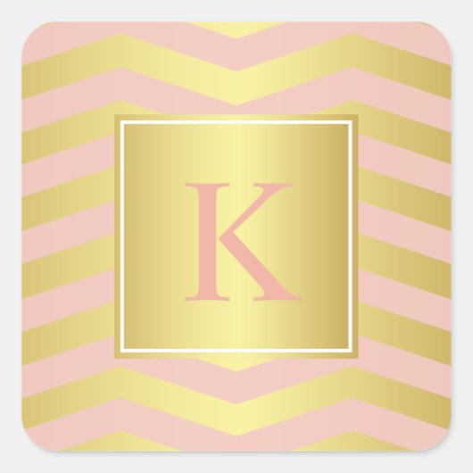 Glamour Pink und Gold Chevronen mit Monogramm Quadratischer Aufkleber (Vorderseite)