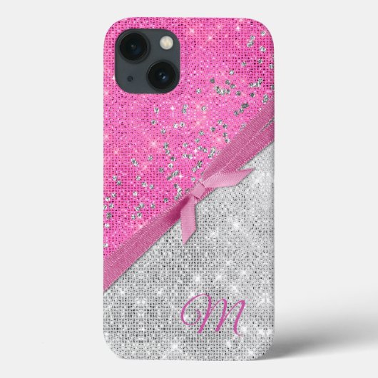 Glamour Pink und Silver Glitterie Mit Monogramm Case-Mate iPhone Hülle (Rückseite)
