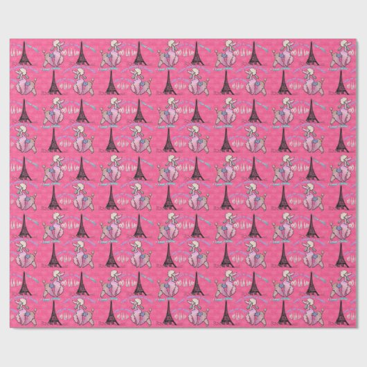 Glamour Poodle in Paris auf Strawberry Pink Geschenkpapier (Flach)