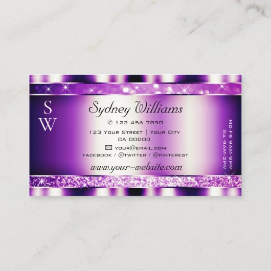 Glamour Purple Sparkling Glitter Stars Monogram Visitenkarte (Rückseite)