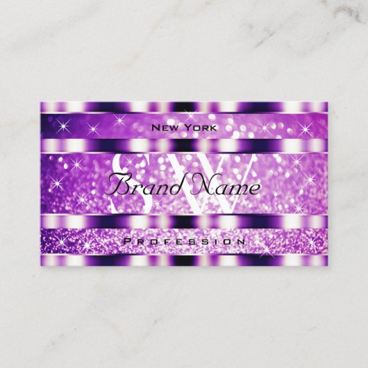 Glamour Purple Sparkling Glitter Stars Monogram Visitenkarte (Vorderseite)