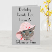 Glamour Puss große rosa Hut lustige graue Katze Ge Karte (Gelbe Blume)