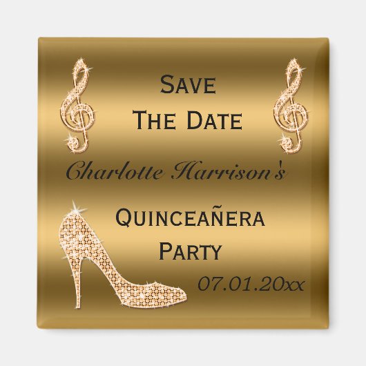 Glamour Quinceañera Save the Date Gold Stiletto Magnet (Vorne)