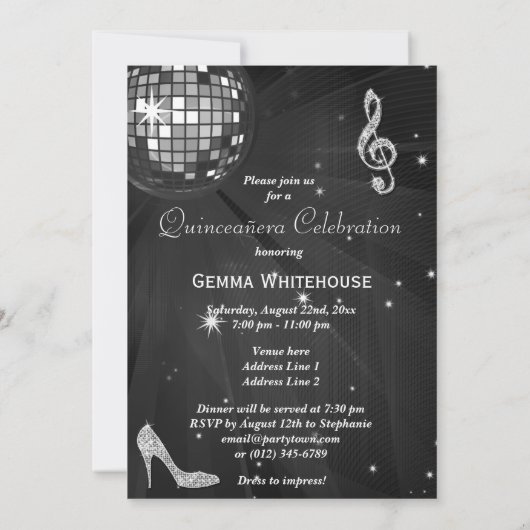 Glamour Quinceñera Diskothek Ball und Sparkone Hee Einladung (Rückseite)