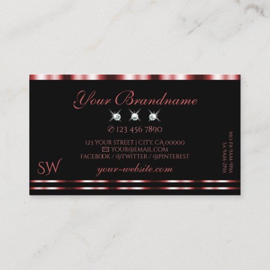 Glamour Red Black Sparkling Diamonds Monogram Visitenkarte (Rückseite)