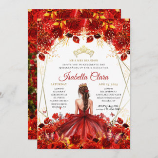 Glamour Red & Gold Floral Princess Quinceanera Einladung