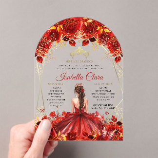 Glamour Red & Gold Floral Quinceanera Acryleinladungen