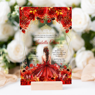 Glamour Red & Gold Floral Quinceanera Acryleinladungen