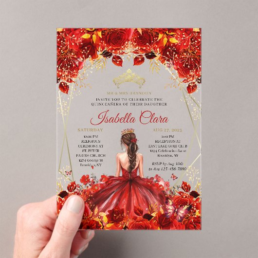 Glamour Red & Gold Floral Quinceanera Acryleinladungen (Insitu (Handheld))
