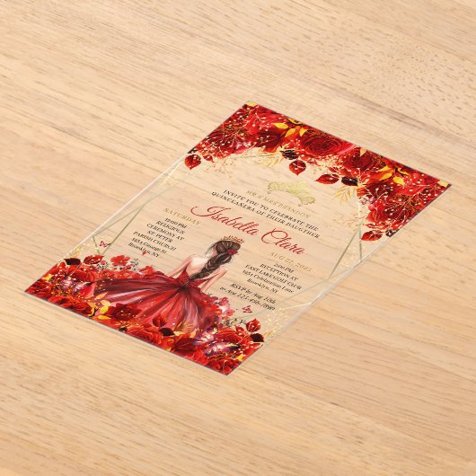 Glamour Red & Gold Floral Quinceanera Acryleinladungen (Ablage )