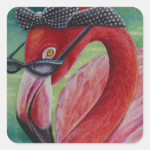 Glamour Retro Rosa Flamingo No. 1 Wasserfarbe Kuns Quadratischer Aufkleber