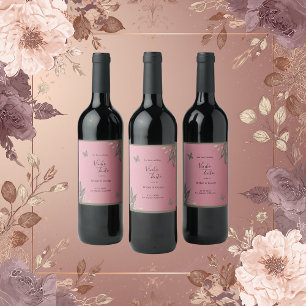 Glamour rosa Glitzer botanisches Blattwerk Hochzei Weinetikett
