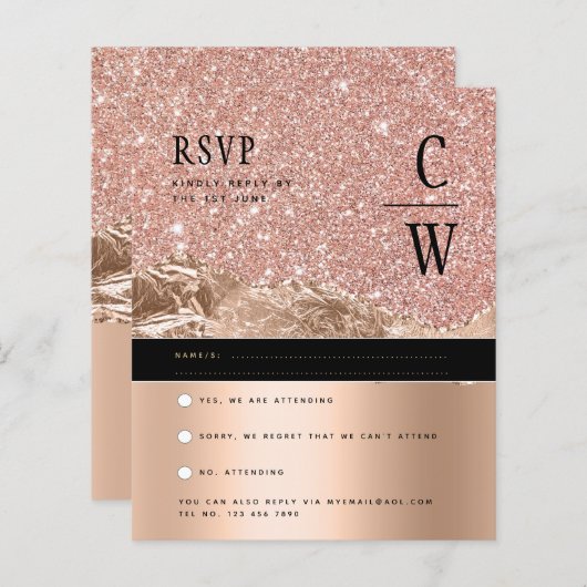 Glamour ROSE Gold Black Wedding RSVP (Vorne/Hinten)