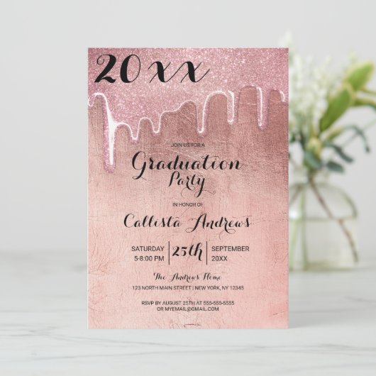 Glamour Rose Gold Dick Glitzer Tropfen Abschluss Einladung (Stehend Vorderseite)