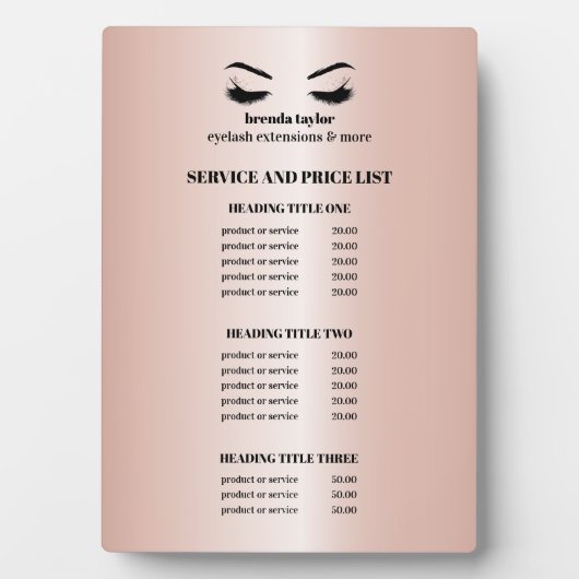 Glamour Rose Gold EYELASH SALON SERVICE LIST Fotoplatte (Vorderseite)