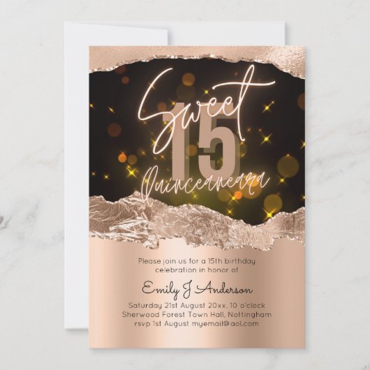 Glamour Rose Gold Foil Glitzer Quinceanera 15. Einladung (Vorderseite)